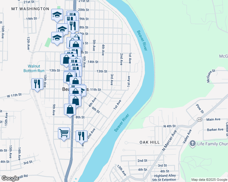 map of restaurants, bars, coffee shops, grocery stores, and more near 306 11th Street in Beaver Falls