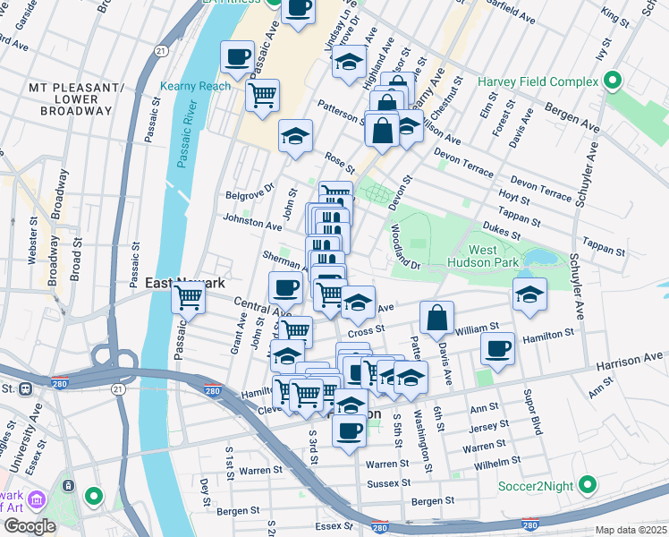 map of restaurants, bars, coffee shops, grocery stores, and more near 701 Frank E Rodgers Boulevard North in Harrison