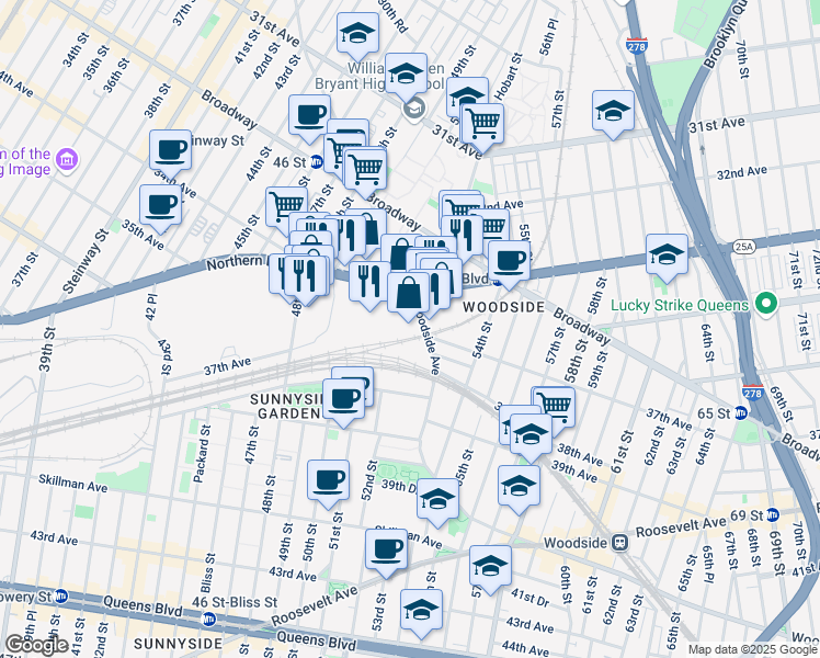 map of restaurants, bars, coffee shops, grocery stores, and more near 33-24 Woodside Avenue in Queens