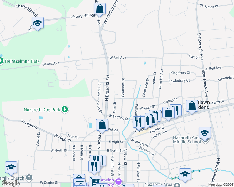 map of restaurants, bars, coffee shops, grocery stores, and more near 89 Gum Street in Nazareth