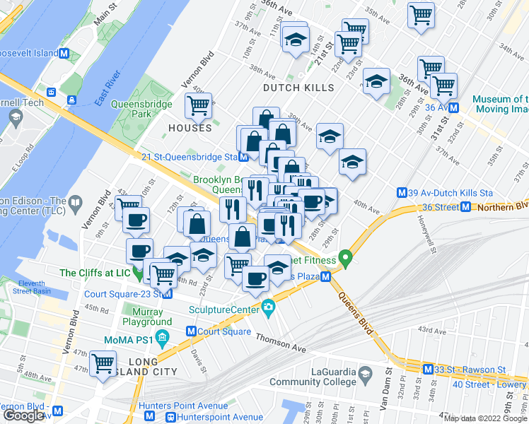 map of restaurants, bars, coffee shops, grocery stores, and more near 41-44 24th Street in Queens