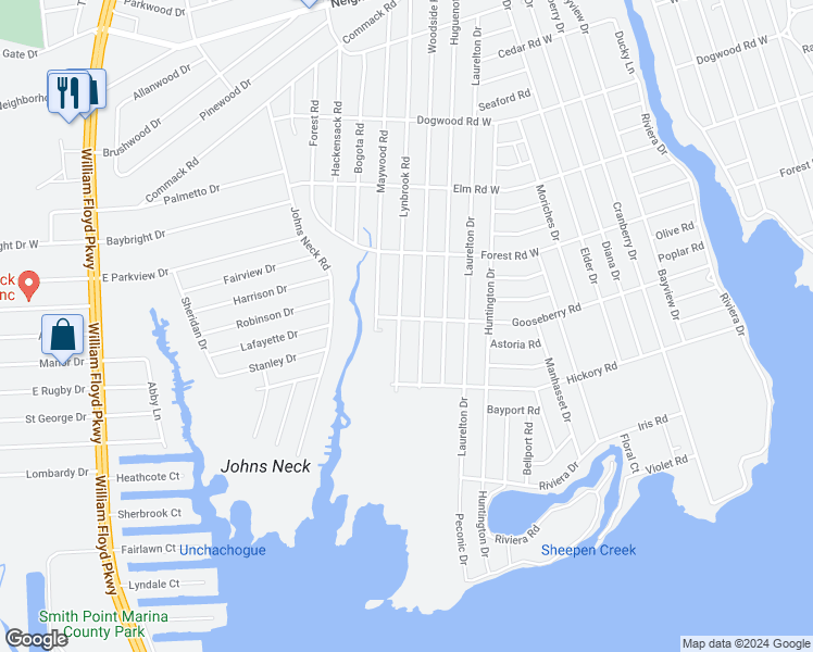 map of restaurants, bars, coffee shops, grocery stores, and more near 83 Lynbrook Drive in Mastic Beach