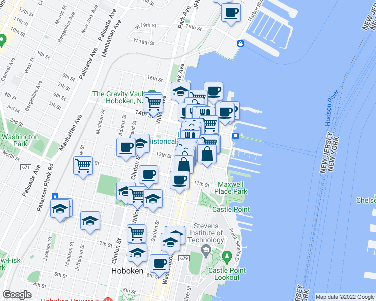 map of restaurants, bars, coffee shops, grocery stores, and more near 1225 Bloomfield Street in Hoboken