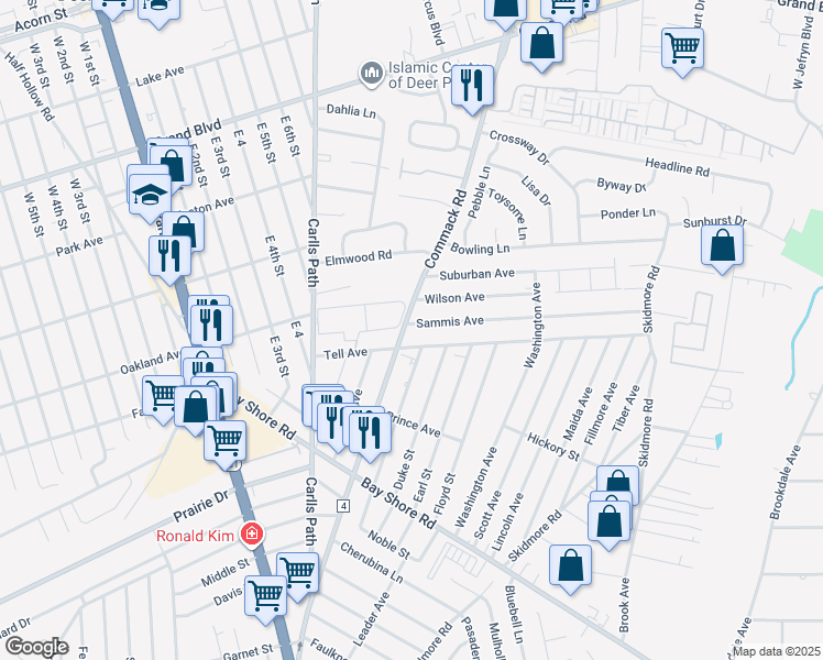 map of restaurants, bars, coffee shops, grocery stores, and more near 12 Sammis Avenue in Deer Park