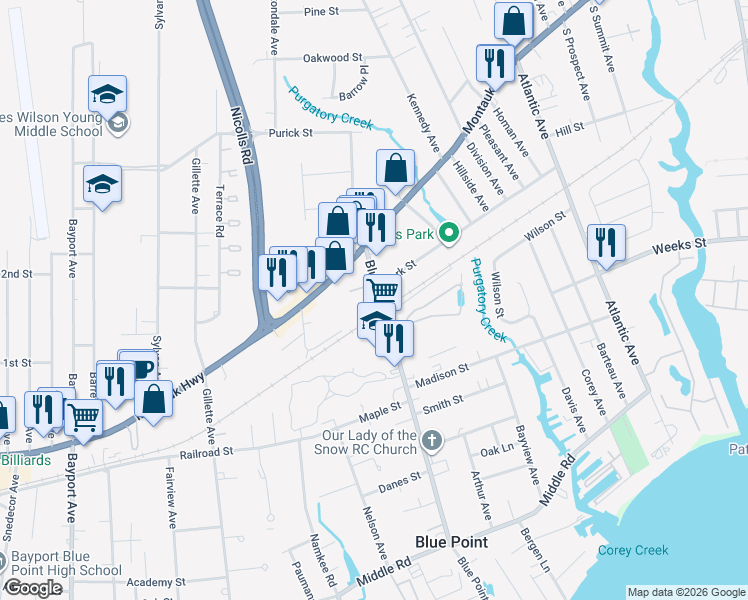 map of restaurants, bars, coffee shops, grocery stores, and more near 238 Blue Point Avenue in Blue Point