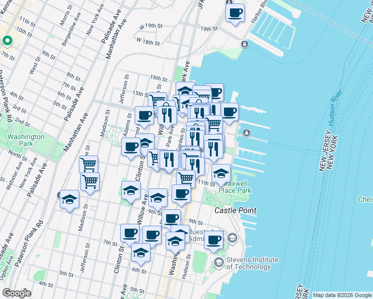 map of restaurants, bars, coffee shops, grocery stores, and more near 1227 Garden Street in Hoboken