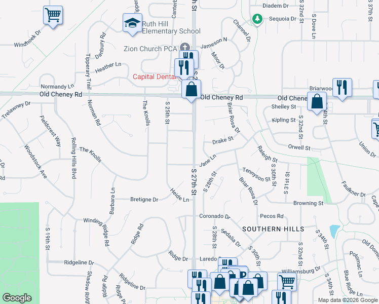 map of restaurants, bars, coffee shops, grocery stores, and more near 2621 Norman Circle in Lincoln