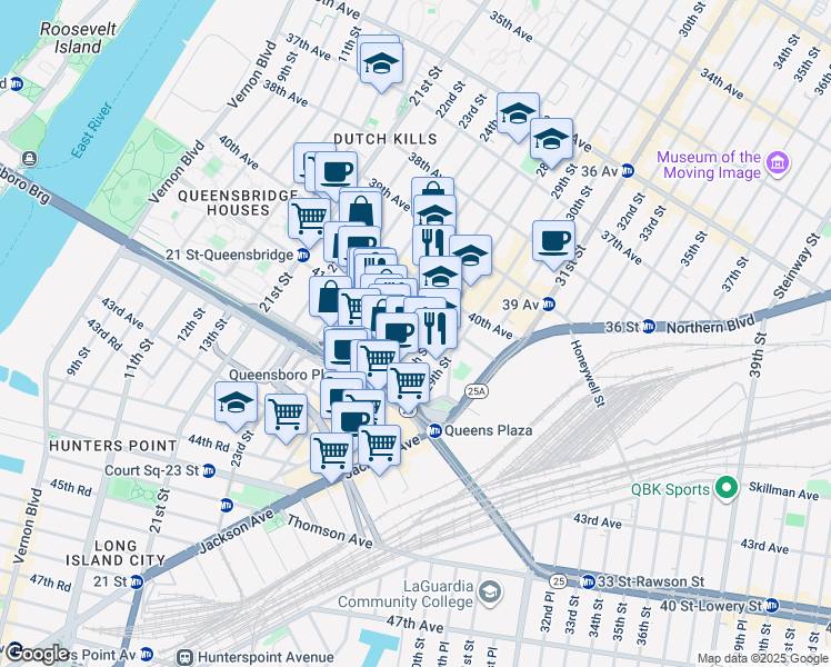 map of restaurants, bars, coffee shops, grocery stores, and more near 27-01 41st Avenue in Queens
