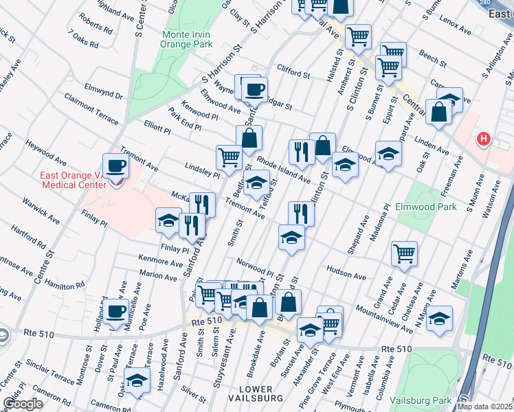 map of restaurants, bars, coffee shops, grocery stores, and more near 115 Telford Street in East Orange