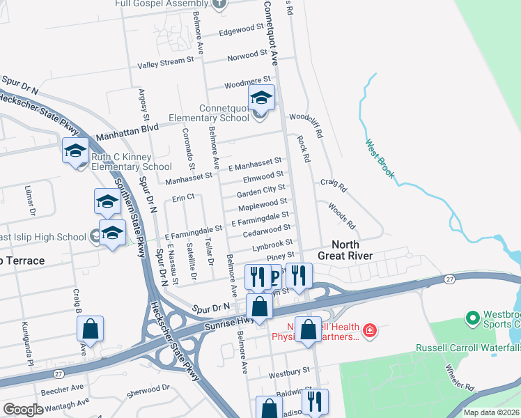 map of restaurants, bars, coffee shops, grocery stores, and more near 338 Maplewood Street in Islip Terrace