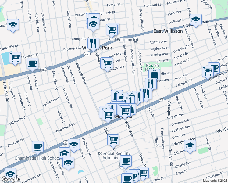 map of restaurants, bars, coffee shops, grocery stores, and more near 350 Willis Avenue in Mineola