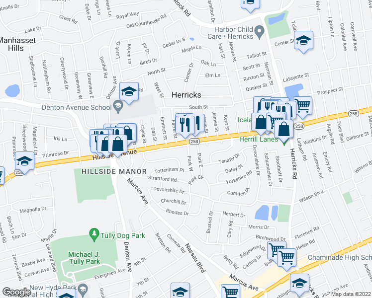 map of restaurants, bars, coffee shops, grocery stores, and more near 382 Hillside Drive South in New Hyde Park