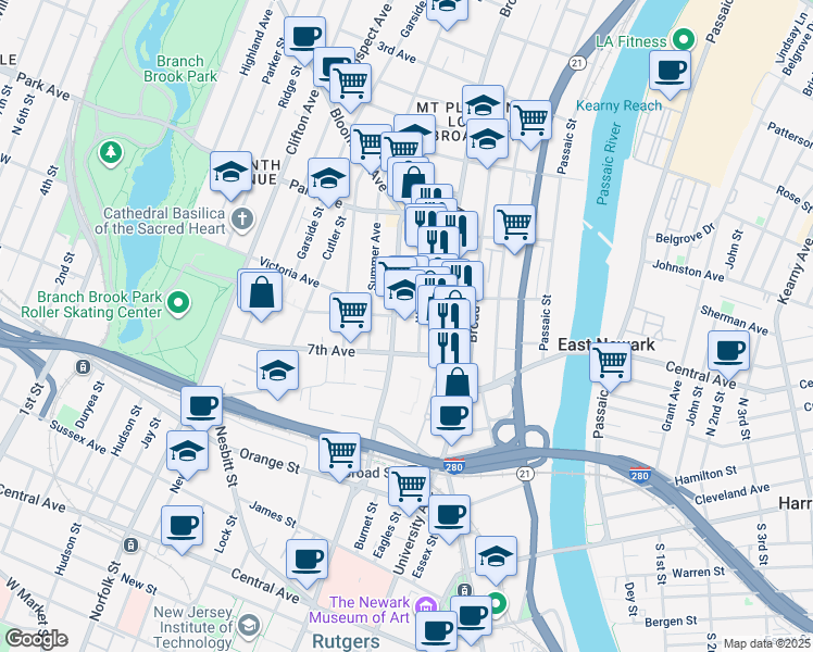 map of restaurants, bars, coffee shops, grocery stores, and more near 24 Crane Street in Newark