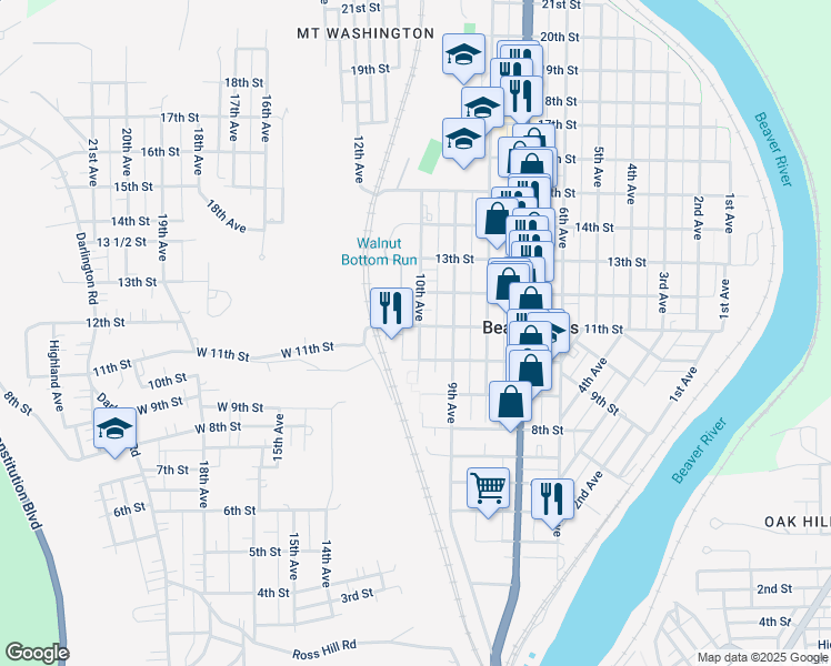 map of restaurants, bars, coffee shops, grocery stores, and more near 1001 11th Street in Beaver Falls