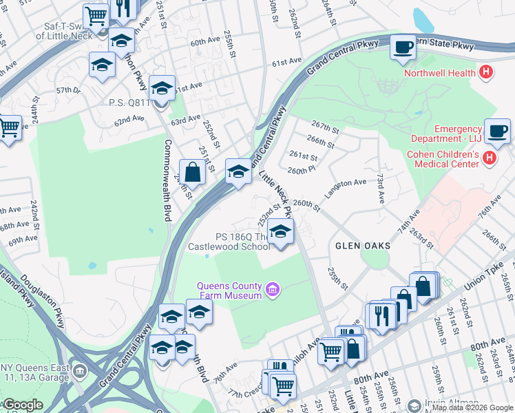 map of restaurants, bars, coffee shops, grocery stores, and more near 251-12 71st Avenue in Queens