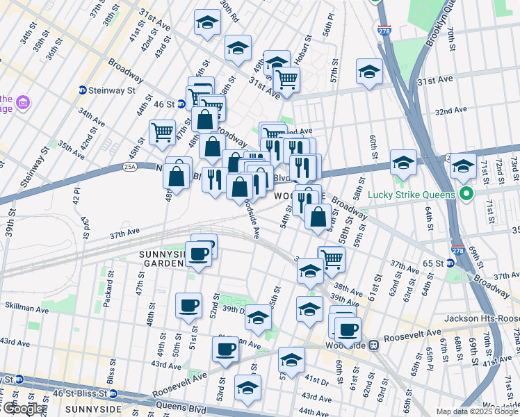 map of restaurants, bars, coffee shops, grocery stores, and more near 5120 Northern Boulevard in Queens
