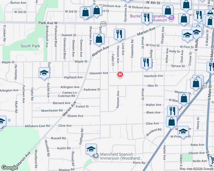 map of restaurants, bars, coffee shops, grocery stores, and more near 254 Poplar Street in Mansfield