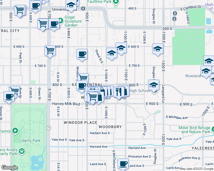map of restaurants, bars, coffee shops, grocery stores, and more near 800 South 1000 East in Salt Lake City