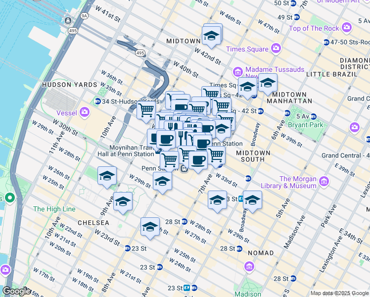 map of restaurants, bars, coffee shops, grocery stores, and more near 470 8th Avenue in New York