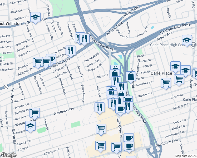map of restaurants, bars, coffee shops, grocery stores, and more near 271 Raff Avenue in Carle Place