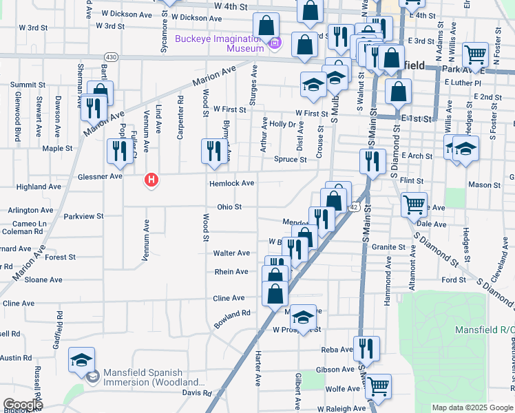 map of restaurants, bars, coffee shops, grocery stores, and more near Sturges Avenue in Mansfield