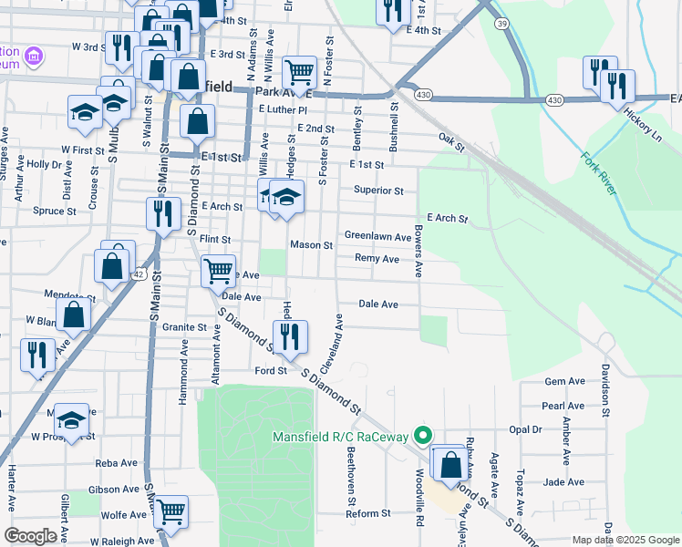 map of restaurants, bars, coffee shops, grocery stores, and more near 243 Home Avenue in Mansfield