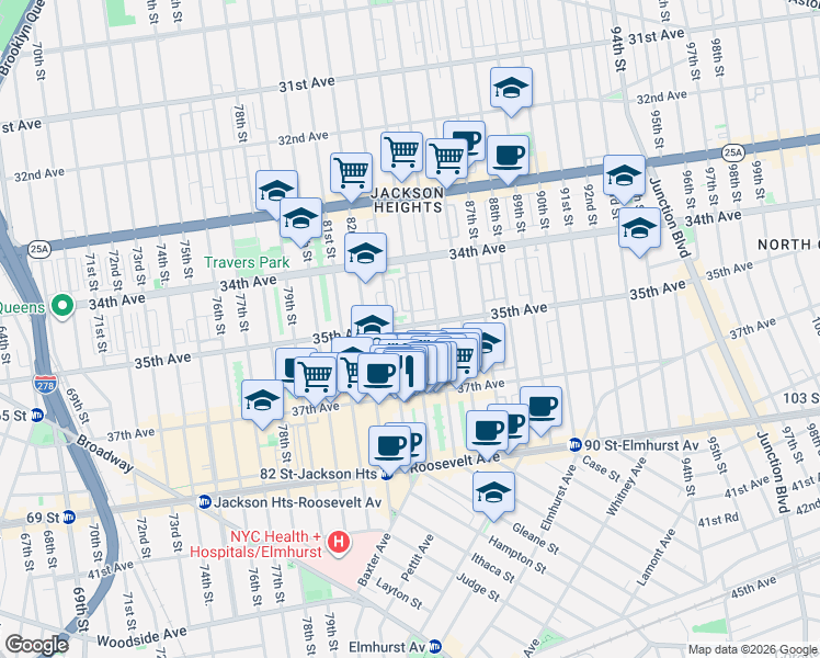 map of restaurants, bars, coffee shops, grocery stores, and more near in Queens