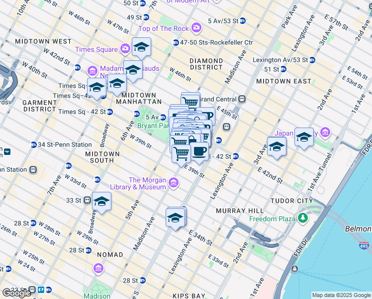 map of restaurants, bars, coffee shops, grocery stores, and more near 18 East 41st Street in New York