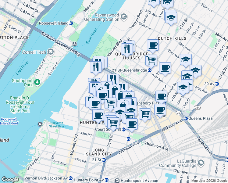 map of restaurants, bars, coffee shops, grocery stores, and more near 42-26 12th Street in Queens