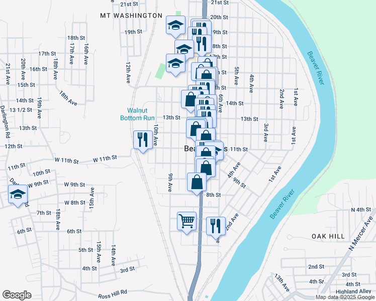map of restaurants, bars, coffee shops, grocery stores, and more near 1070 8th Avenue in Beaver Falls
