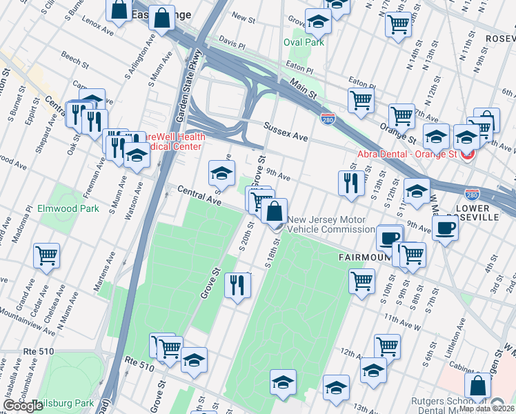 map of restaurants, bars, coffee shops, grocery stores, and more near 80 Central Avenue in East Orange