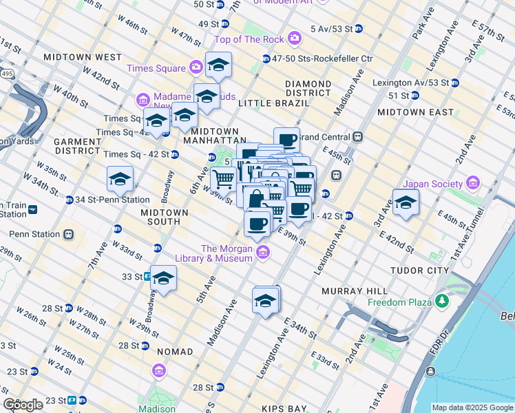 map of restaurants, bars, coffee shops, grocery stores, and more near 455 5th Avenue in New York