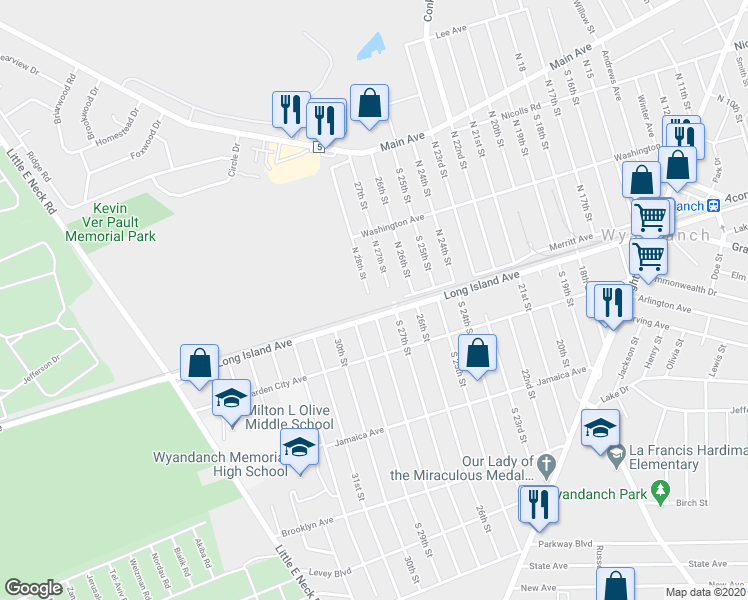 map of restaurants, bars, coffee shops, grocery stores, and more near 131 Merritt Avenue in Wheatley Heights