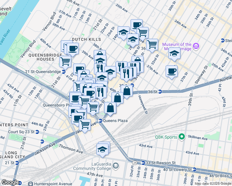 map of restaurants, bars, coffee shops, grocery stores, and more near 29-16 40th Avenue in Queens