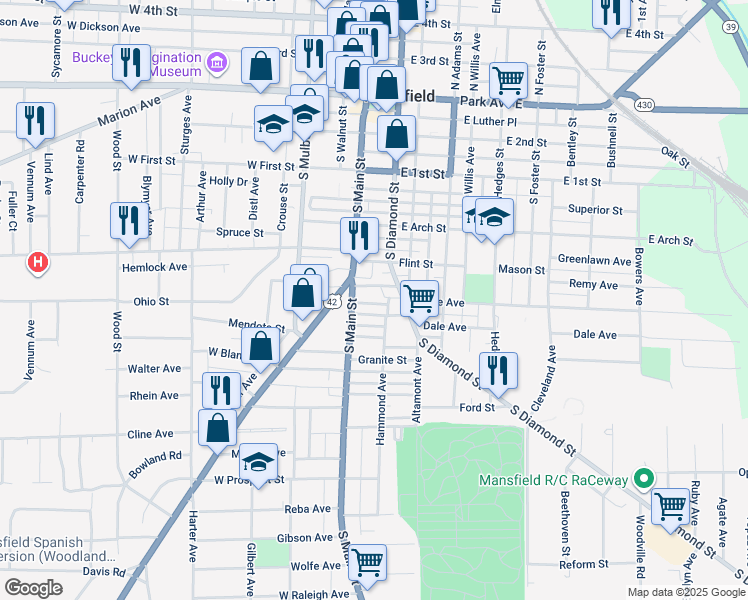 map of restaurants, bars, coffee shops, grocery stores, and more near 232 Schmidt Court in Mansfield