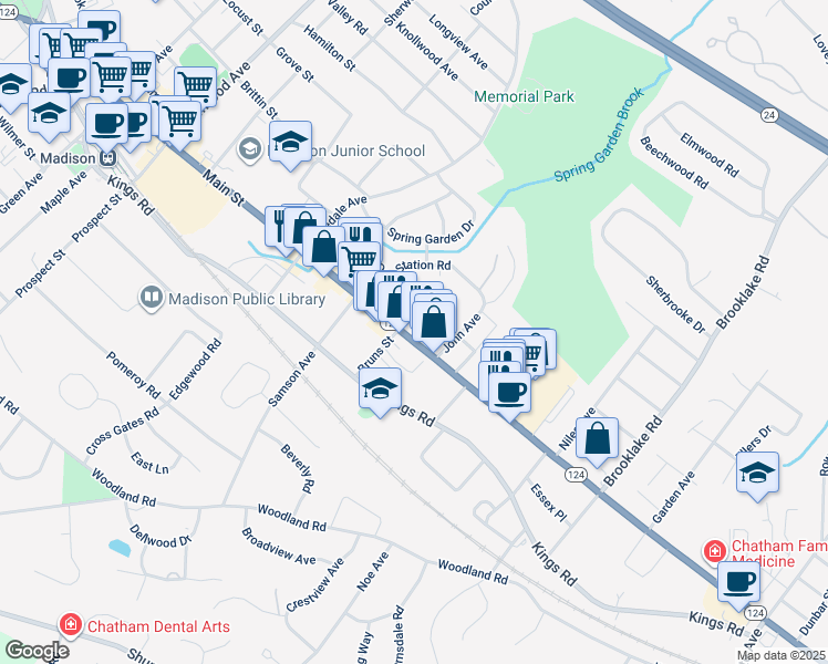 map of restaurants, bars, coffee shops, grocery stores, and more near 250 Main Street in Madison
