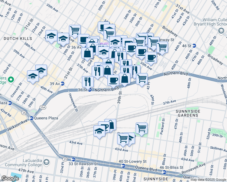 map of restaurants, bars, coffee shops, grocery stores, and more near 37-18 Northern Boulevard in Queens