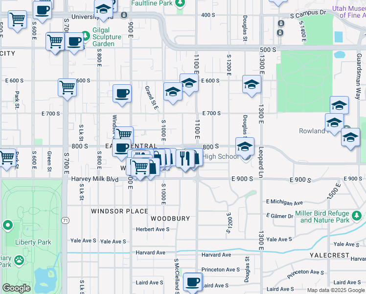 map of restaurants, bars, coffee shops, grocery stores, and more near 552 South McClelland Street in Salt Lake City