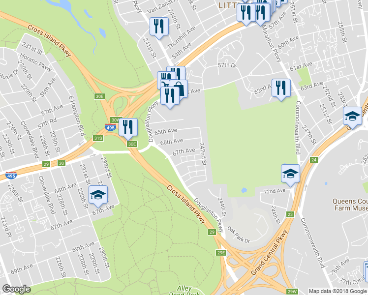 map of restaurants, bars, coffee shops, grocery stores, and more near 240-43 67th Avenue in Queens