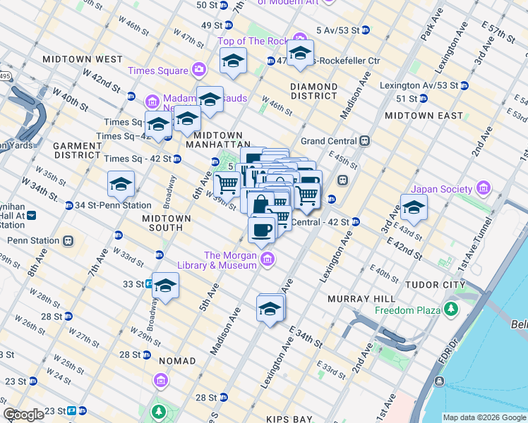 map of restaurants, bars, coffee shops, grocery stores, and more near 6 East 40th Street in New York