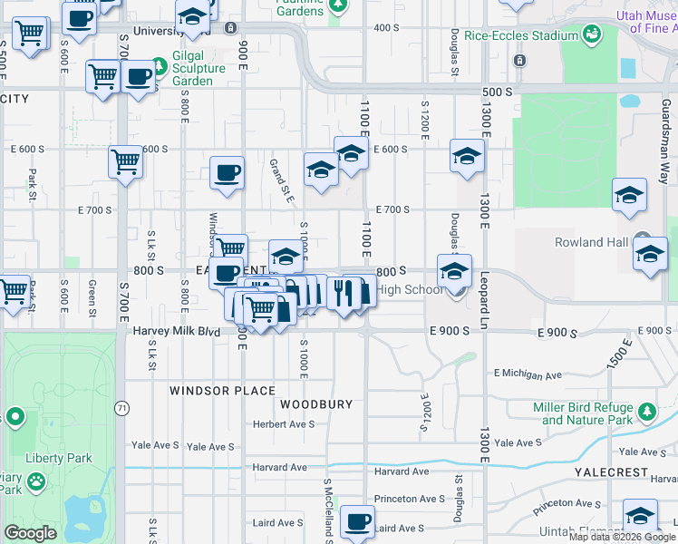 map of restaurants, bars, coffee shops, grocery stores, and more near 772 McClelland Street in Salt Lake City