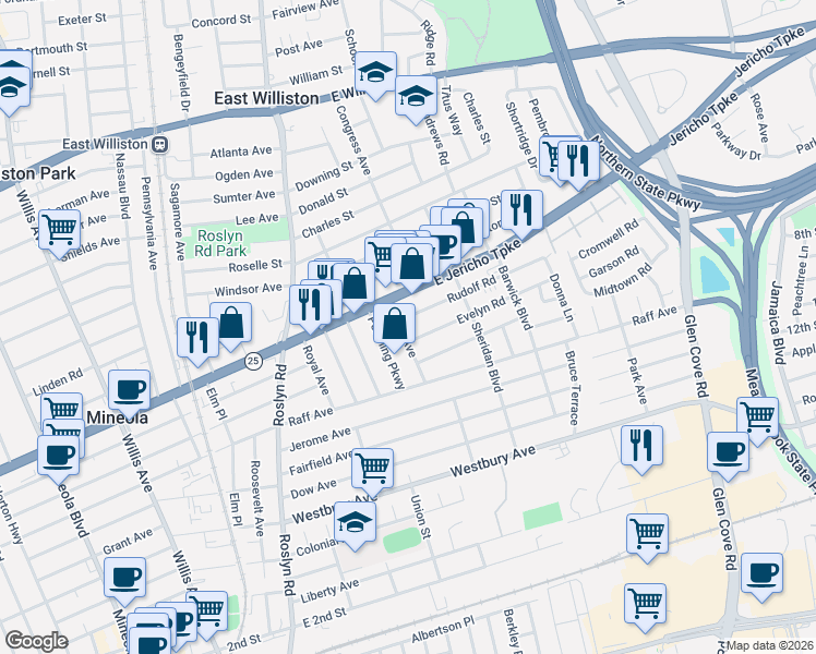 map of restaurants, bars, coffee shops, grocery stores, and more near 146 Evelyn Road in Mineola