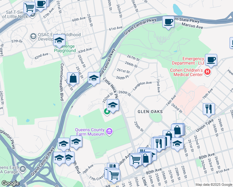 map of restaurants, bars, coffee shops, grocery stores, and more near 70-38 260th Street in Queens