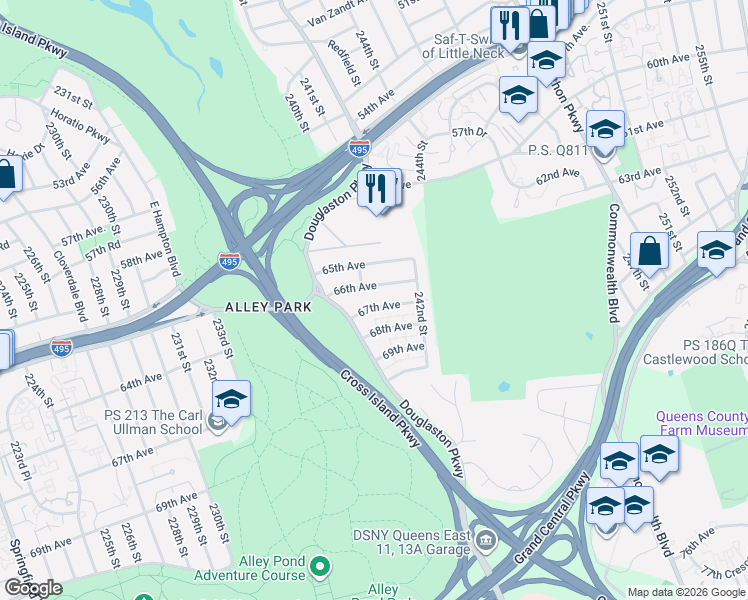 map of restaurants, bars, coffee shops, grocery stores, and more near 240-43 67th Avenue in Queens