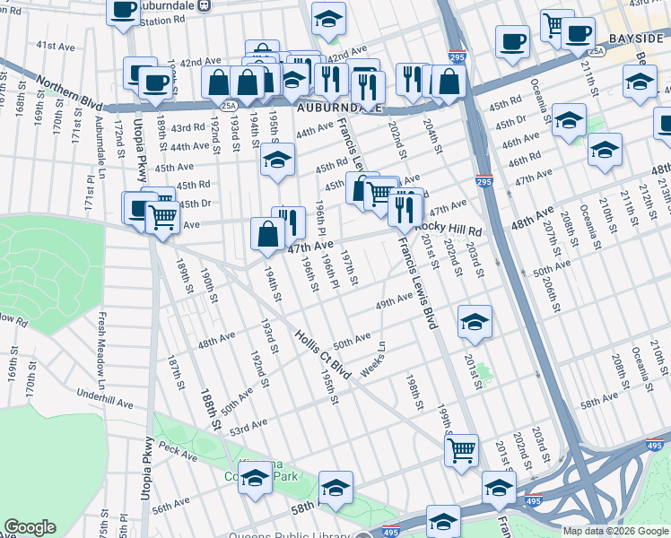 map of restaurants, bars, coffee shops, grocery stores, and more near 47-29 196th Place in Queens