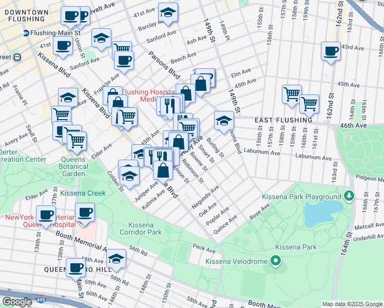 map of restaurants, bars, coffee shops, grocery stores, and more near 46-06 Bowne Street in Queens