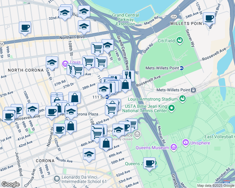 map of restaurants, bars, coffee shops, grocery stores, and more near 112-22 Roosevelt Avenue in Queens