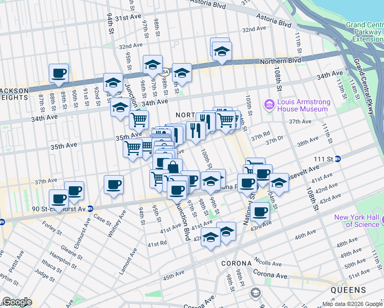 map of restaurants, bars, coffee shops, grocery stores, and more near 37-12 100th Street in Queens