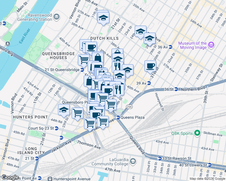 map of restaurants, bars, coffee shops, grocery stores, and more near 27-01 41st Avenue in Queens