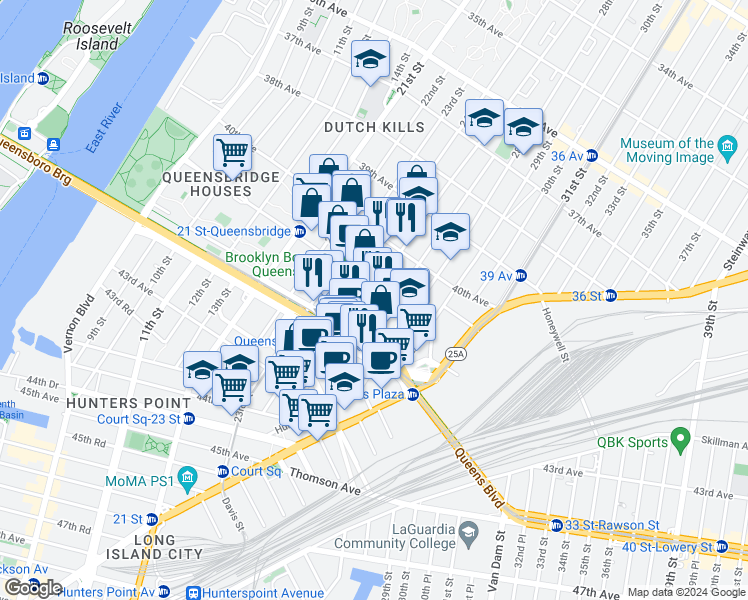 map of restaurants, bars, coffee shops, grocery stores, and more near 41-26 27th Street in Queens